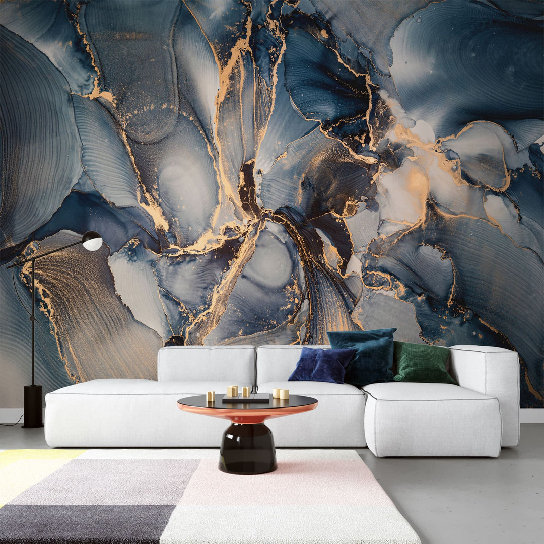 Tapet personalizat marble cu model de marmura in nuante albastre cu insertii de bronz auriu dawn