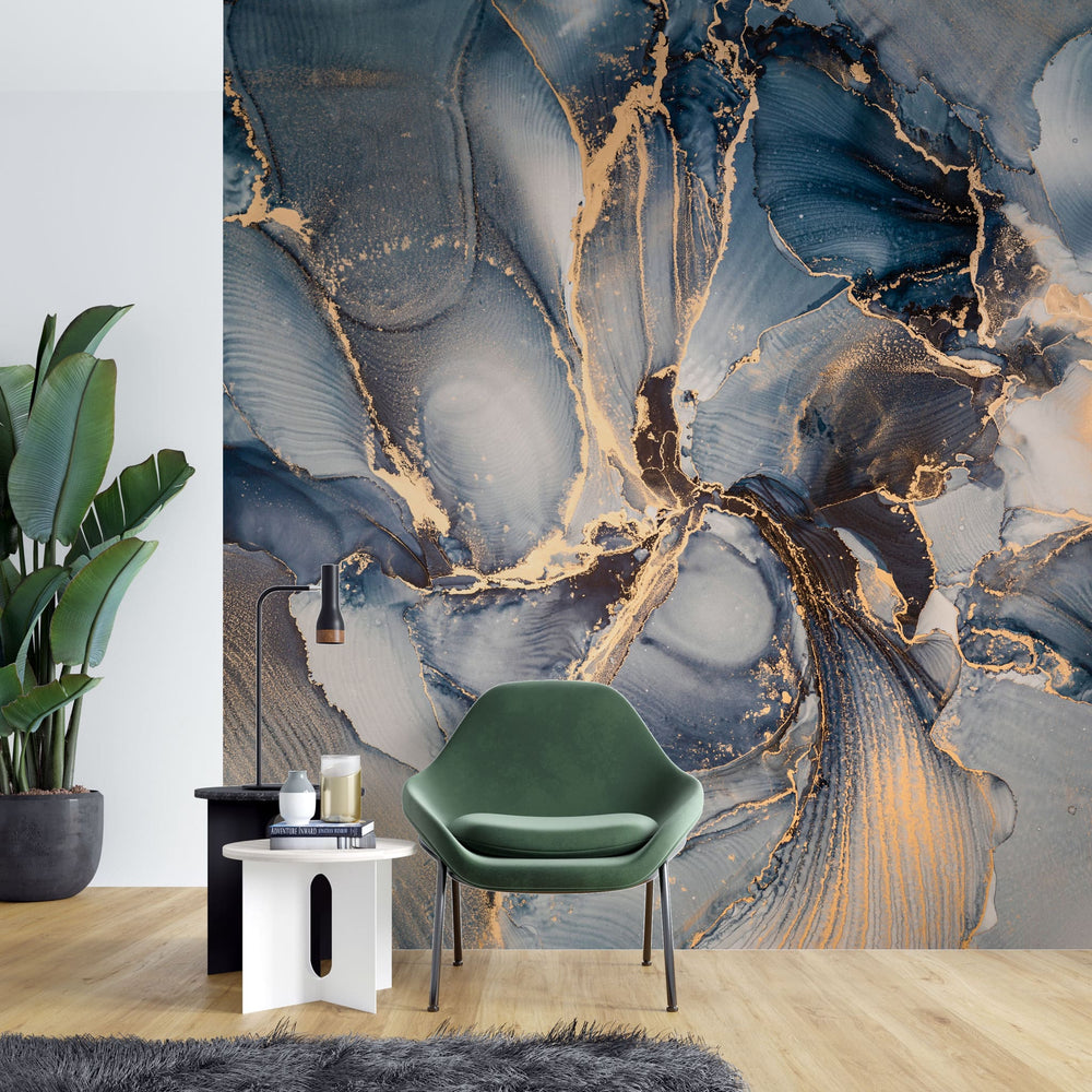 Tapet personalizat marble cu model de marmura in nuante albastre cu insertii de bronz auriu dawn