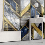 Tapet personalizat marble in stil luxury cu marmura alba albastra si neagra cu insertii aurii luxury marble