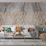 Tapet personalizat marble cu model de marmura alba si roz pudrat in forme geometrice cu contur auriu luxury storm