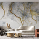 Tapet personalizat marble cu model de marmura alba si gri cu insertii aurii white marble