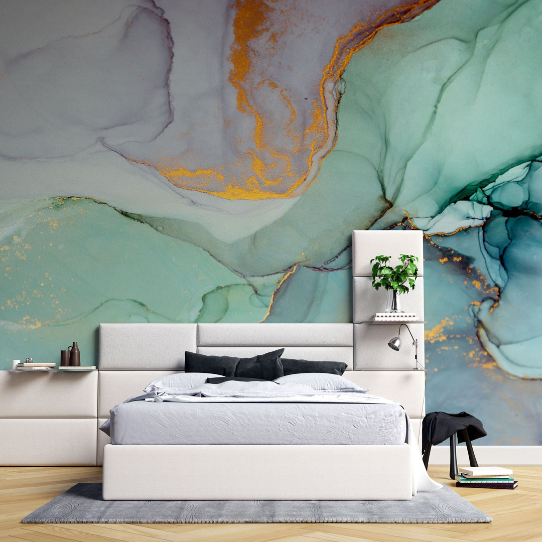 Tapet personalizat marble cu marmura colorata in nuante de albastru si portocaliu sunset marble