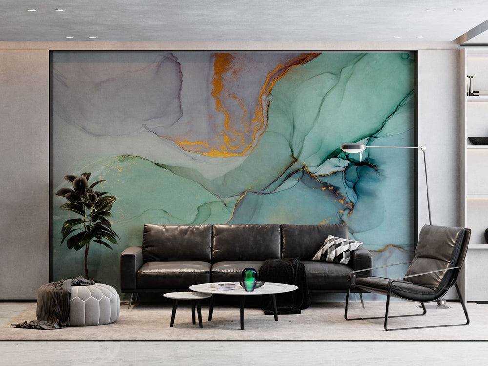 Tapet personalizat marble cu marmura colorata in nuante de albastru si portocaliu sunset marble