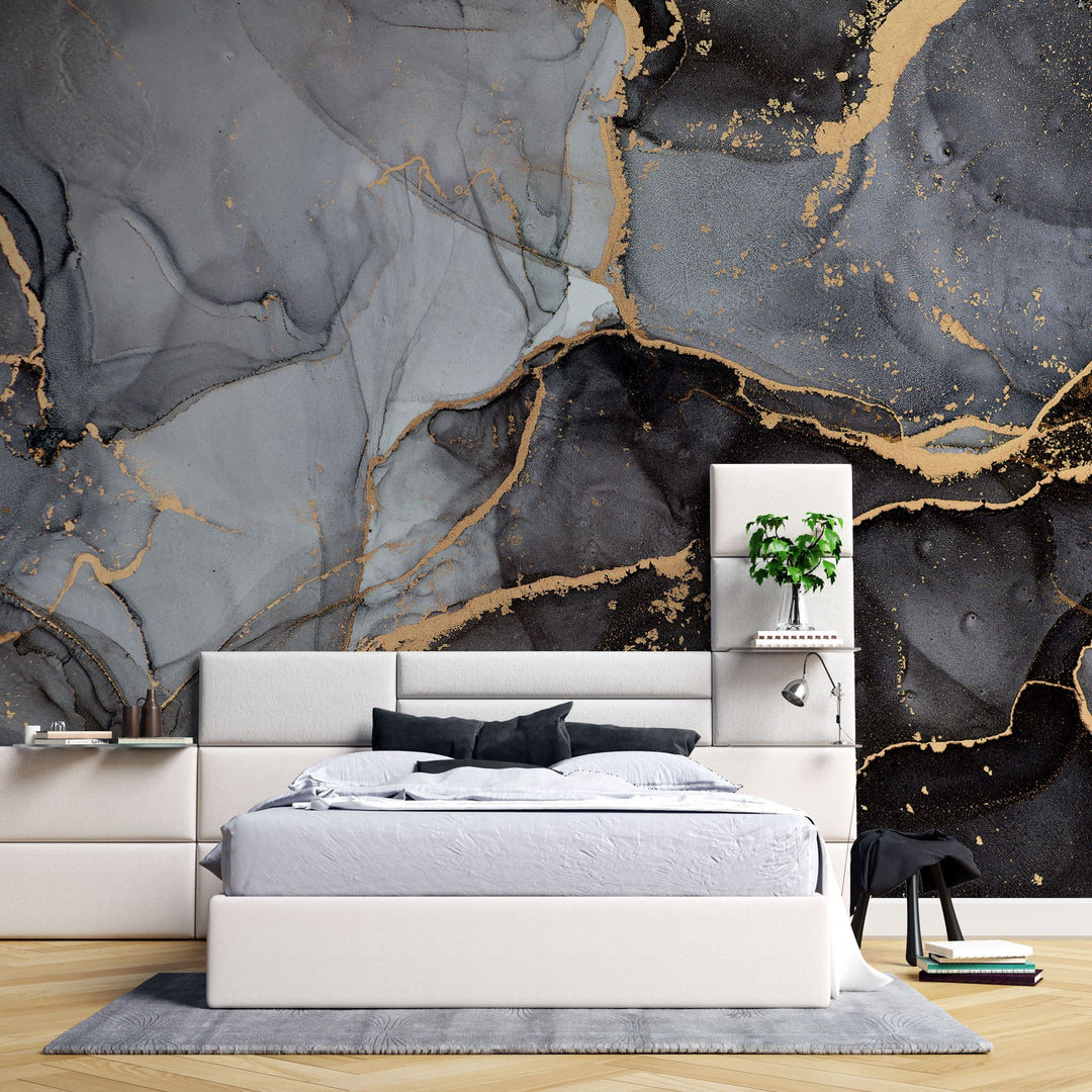 Tapet personalizat marble cu marmura neagra cu accente aurii black gold