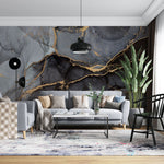 Tapet personalizat marble cu marmura neagra cu accente aurii black gold