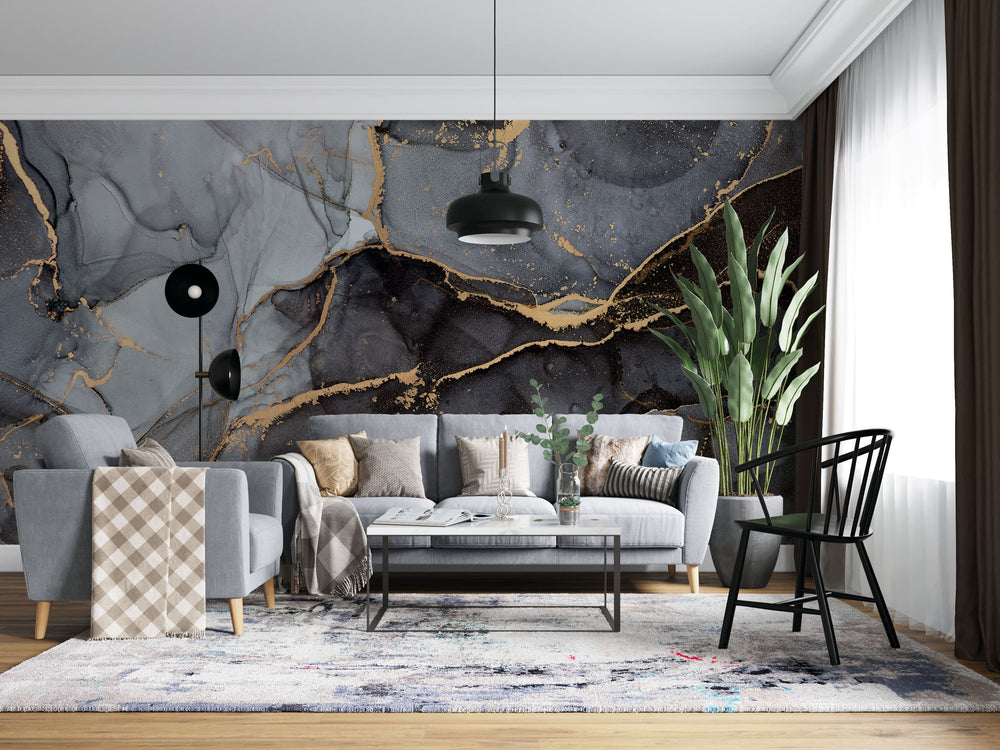 Tapet personalizat marble cu marmura neagra cu accente aurii black gold