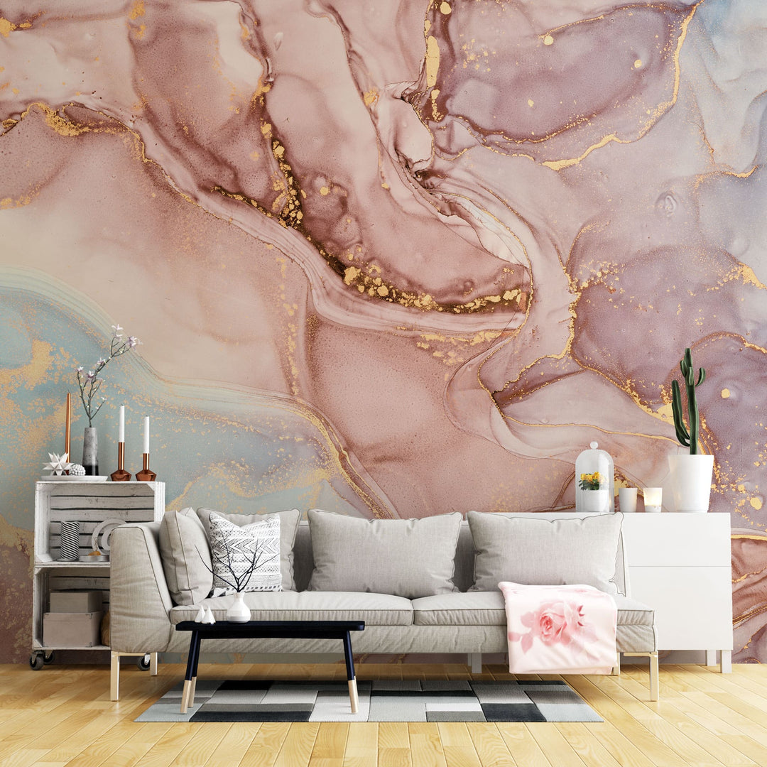 Tapet personalizat marble cu marmura in nuante de roz pudrat si albastru deschis blissful