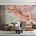 Tapet personalizat marble cu marmura in nuante de roz pudrat si albastru deschis blissful