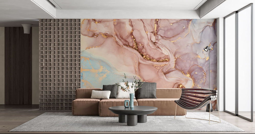 Tapet personalizat marble cu marmura in nuante de roz pudrat si albastru deschis blissful