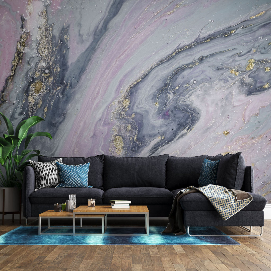 Tapet personalizat marble cu marmura in nuante de roz si gri cu accente sclipitoare aurii nebula