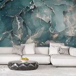 Tapet personalizat marble cu marmura in nuante oceanice cu accente argintii sclipitoare silver blue