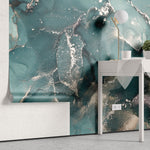 Tapet personalizat marble cu marmura in nuante oceanice cu accente argintii sclipitoare silver blue