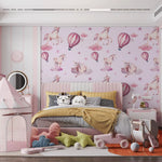 Tapet personalizat taramul printeselor pentru copii cu unicorni si baloane cu aer cald roz pink unicorn