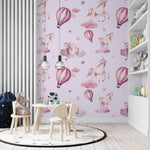 Tapet personalizat taramul printeselor pentru copii cu unicorni si baloane cu aer cald roz pink unicorn