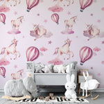 Tapet personalizat taramul printeselor pentru copii cu unicorni si baloane cu aer cald roz pink unicorn