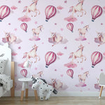 Tapet personalizat taramul printeselor pentru copii cu unicorni si baloane cu aer cald roz pink unicorn
