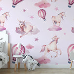 Tapet personalizat taramul printeselor pentru copii cu unicorni si baloane cu aer cald roz pink unicorn