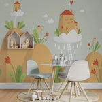 Tapet personalizat natura pentru copii cu case rosii care plutesc pe nori floating house