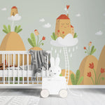 Tapet personalizat natura pentru copii cu case rosii care plutesc pe nori floating house