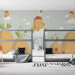 Tapet personalizat natura pentru copii cu case rosii care plutesc pe nori floating house