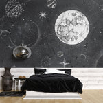 Tapet personalizat universul spatial pentru copii cu planete stele si constelatii in spatiu in alb negru monochrome planets