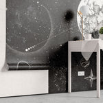 Tapet personalizat universul spatial pentru copii cu planete stele si constelatii in spatiu in alb negru monochrome planets