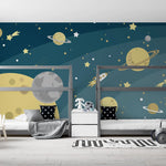 Tapet personalizat universul spatial pentru copii cu planete si rachete cosmic adventure