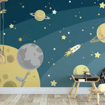 Tapet personalizat universul spatial pentru copii cu planete si rachete cosmic adventure