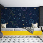 Tapet personalizat universul spatial pentru copii cu planete si nave spatiale hand drawn galaxy