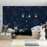 Tapet personalizat universul spatial pentru copii cu planete si nave spatiale hand drawn galaxy