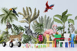 Tapet personalizat jungla amazoniana pentru copii cu peisaj safari cu animale exotice girafe capre negre safari sketch