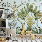Tapet personalizat jungla amazoniana pentru copii cu plante tropicale si animale exotice printre care zebre leoparzi papagali colorati maimute flamingo exotic amazon