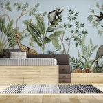 Tapet personalizat jungla amazoniana pentru copii cu plante tropicale si animale exotice printre care zebre leoparzi papagali colorati maimute flamingo exotic amazon