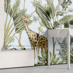 Tapet personalizat jungla amazoniana pentru copii cu plante tropicale si animale exotice printre care zebre leoparzi papagali colorati maimute flamingo exotic amazon