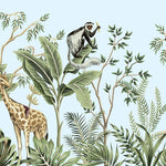 Tapet personalizat jungla amazoniana pentru copii cu plante tropicale si animale exotice printre care zebre leoparzi papagali colorati maimute flamingo exotic amazon