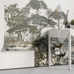 Tapet personalizat jungla amazoniana cu pentru copii palmieri bananieri plante tropicale si animale exotice printre care zebre leoparzi elefanti maimute jungle landscape