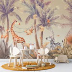Tapet personalizat jungla amazoniana pentru copii cu palmieri bananieri aurii agave zebre maimute girafe flamingo papagali si pasari tropicale in nuante calde aurii si albastre golden amazon