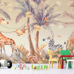 Tapet personalizat jungla amazoniana pentru copii cu palmieri bananieri aurii agave zebre maimute girafe flamingo papagali si pasari tropicale in nuante calde aurii si albastre golden amazon