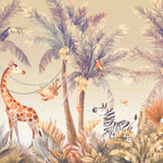 Tapet personalizat jungla amazoniana pentru copii cu palmieri bananieri aurii agave zebre maimute girafe flamingo papagali si pasari tropicale in nuante calde aurii si albastre golden amazon