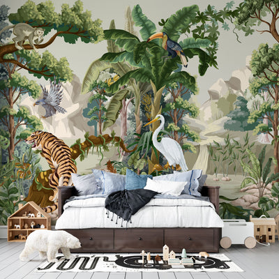 fototapet-personalizat-jungla-amazoniana-pentru-copii-cu-peisaj-montan-si-vegetatie-tropicala-si-animale-exotice-printre-care-berze-tigrii-leoparzi-si-pasari-exotice-mountain-animal-vegetation