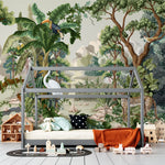 Tapet personalizat jungla amazoniana pentru copii cu peisaj montan si vegetatie tropicala si animale exotice printre care berze tigrii leoparzi si pasari exotice mountain animal vegetation