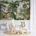 Tapet personalizat jungla amazoniana pentru copii cu peisaj montan si vegetatie tropicala si animale exotice printre care berze tigrii leoparzi si pasari exotice mountain animal vegetation