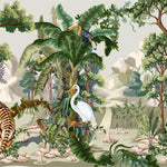 Tapet personalizat jungla amazoniana pentru copii cu peisaj montan si vegetatie tropicala si animale exotice printre care berze tigrii leoparzi si pasari exotice mountain animal vegetation