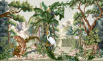 Tapet personalizat jungla amazoniana pentru copii cu peisaj montan si vegetatie tropicala si animale exotice printre care berze tigrii leoparzi si pasari exotice mountain animal vegetation