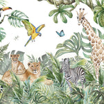 Tapet personalizat jungla amazoniana pentru copii cu vegetatie tropicala si animale exotice printre care girafe zebre lei elefanti maimute fluturi si papagali colorati pe fundal alb lion's den