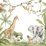 Tapet personalizat jungla amazoniana pentru copii cu vegetatie tropicala si animale exotice printre care girafe maimute papagali elefanti amazonian family