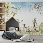 Tapet personalizat lumea animalelor pentru copii watercolor cu iepurasi caprioare fluturi si ursi intr un peisaj natural de poveste bunny tribe