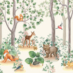 Tapet personalizat lumea animalelor pentru copii cu padure de conifere cu animale printre care vulpi iepurasi veverite ursi si pasari fairytale forest