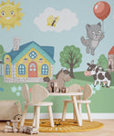 Tapet personalizat lumea animalelor pentru copii cu animale domestice intr o ferma vesela insorita plina cu flori copaci vacute cai oi cocosi caini porci pisici si baloane happy farm