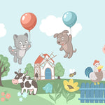 Tapet personalizat lumea animalelor pentru copii cu animale domestice intr o ferma vesela insorita plina cu flori copaci vacute cai oi cocosi caini porci pisici si baloane happy farm